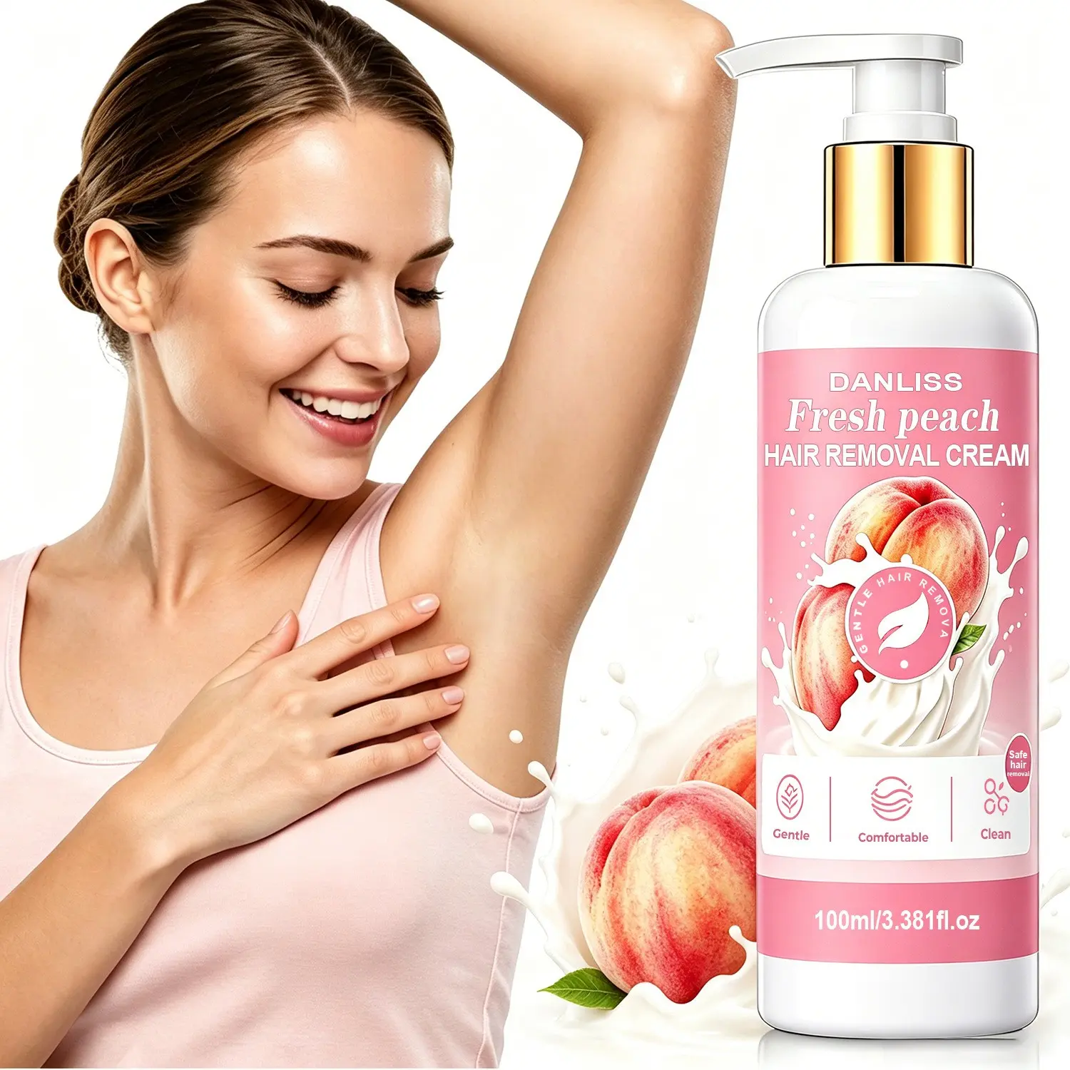 Peach Body Hair Removal Cream, Gentle and Non-Irritating, Smooth Skin, Natural Peach Extracts, Fresh Peach Scent, Full Body Care, 100ML