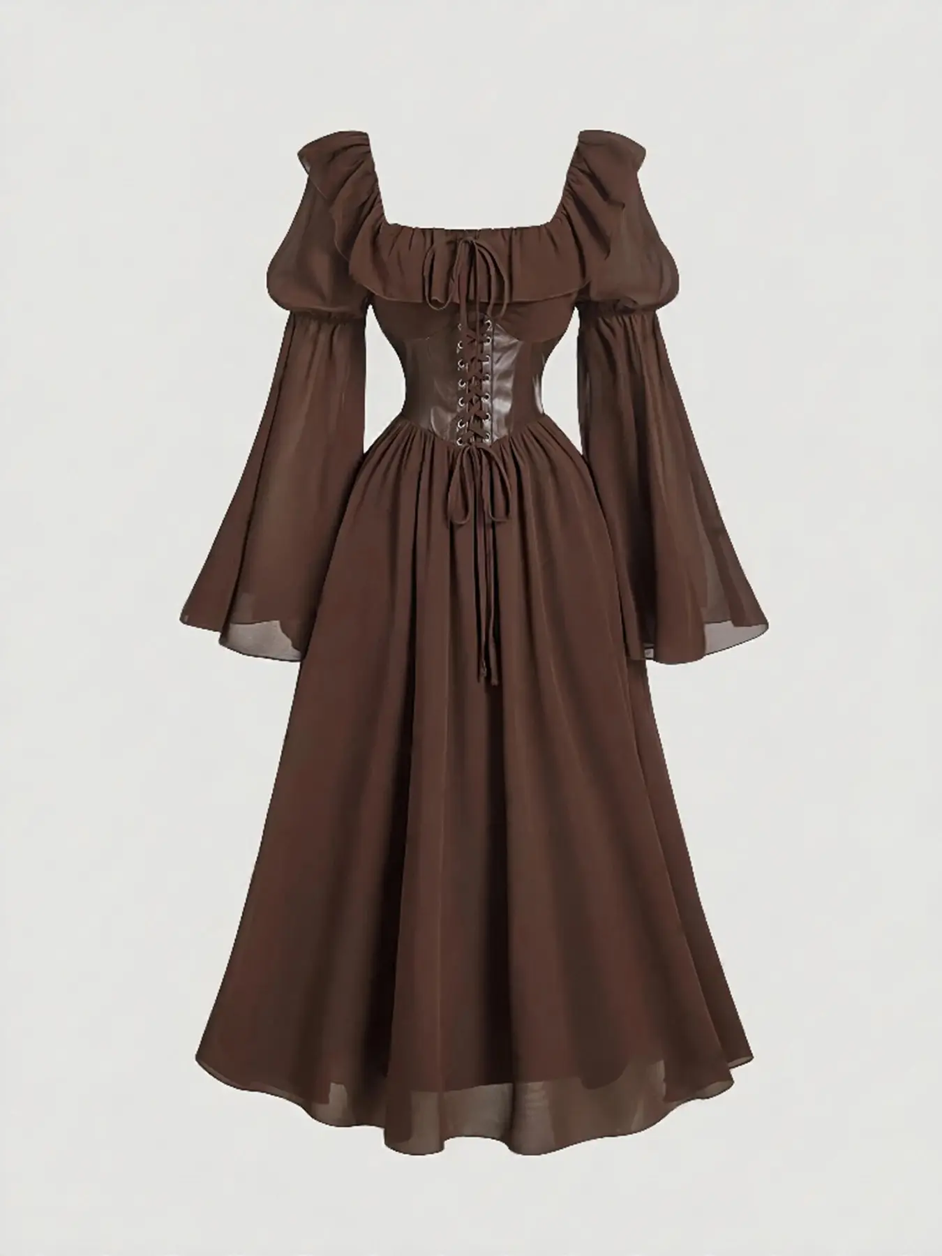 Coffee Brown Autumn Cottage Core Tea Party Dress,Brown Chiffon Patchwork PU Waist Vintage Flare Sleeve A-Line Victorian Pirate Corset Western Wear