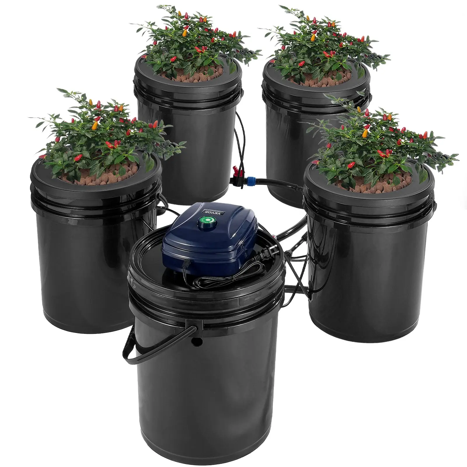 【Summerfinds】VEVOR RDWC Hydroponics Grow System Kit, Recirculating Drip Deep Water Culture with Top Drip, 4 Plastic Buckets, 1 Reservoir, Air Pump, Water Level Device for Leafy Veggies