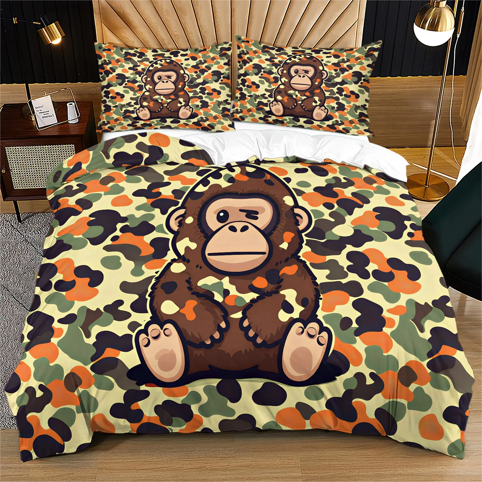 Camouflage Cartoon Gorilla Pattern Duvet Cover Set, Soft And Comfortable Bedding Set, Including 1 Duvet Cover And 1 Or 2 Pillowcases, Without Duvet Core And Pillow Core, Suitable As Bedroom Decoration For Teenagers And Adults