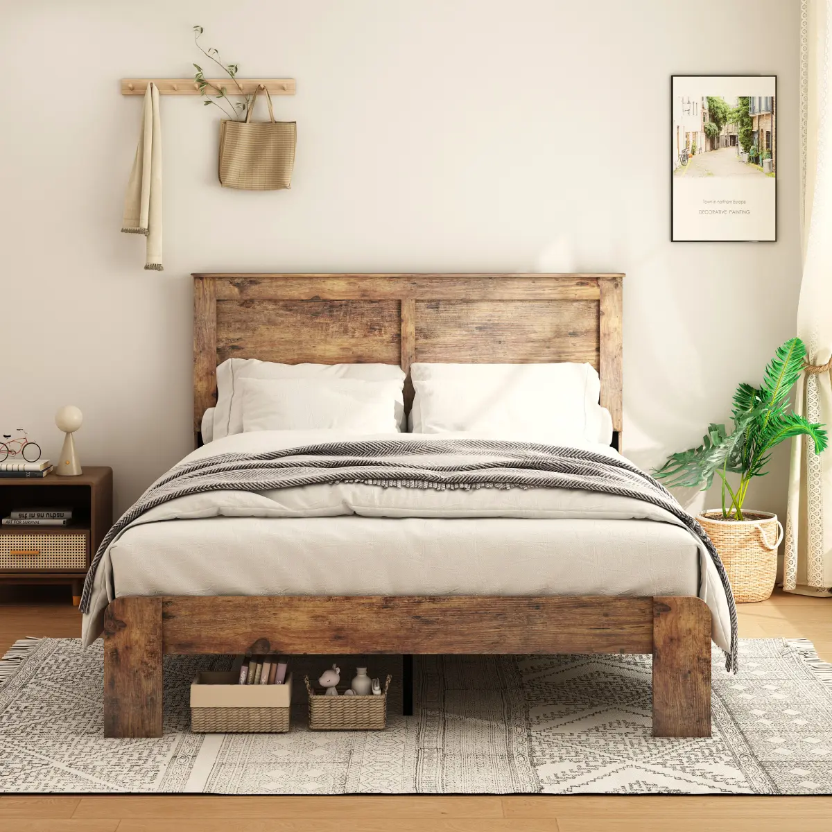 Full Queen King Size Bed Frame with Under Bed Storage,Farmhouse Platform Bed Frame with Footboard,Rustic Vintage Wood Bed Frame  with Headboard,No Box Spring Needed,Noise Free