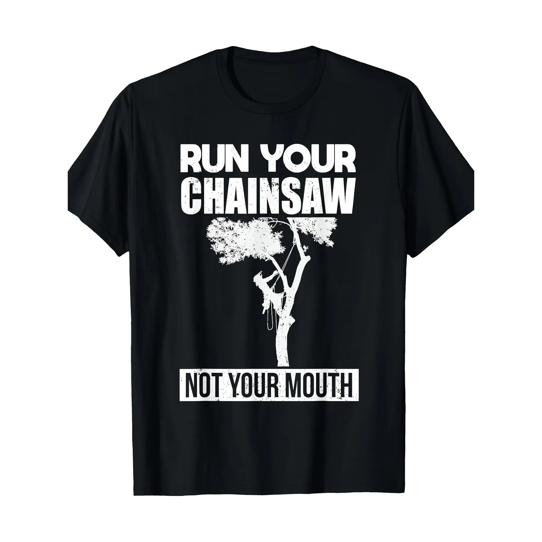 [100% Cotton] 100% Cotton Men's Heavyweight 7.76oz Cotton T-Shirt - Black Arborist Chainsaw Graphic Tee with Run Your Chainsaw Not Your Mouth Slogan - Loose Fit Work Shirt for Tree Climbers, Logging, Gardening - Machine Washable Crewneck Top, Outdoor Lab