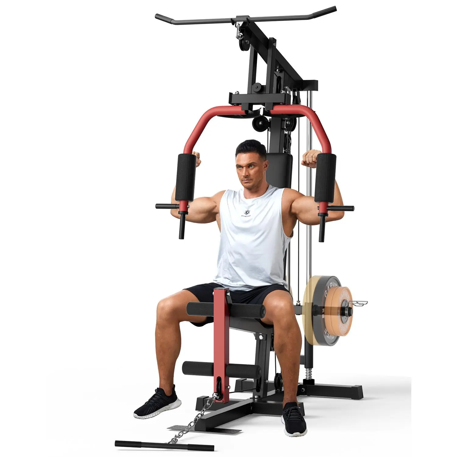 Full Body Strength Training Home Gym Station, with Pulley System, Lat Pulldown, Chest Press, Leg Extension, Up to 400LBS, Fits 1"/2" Weight Plates
