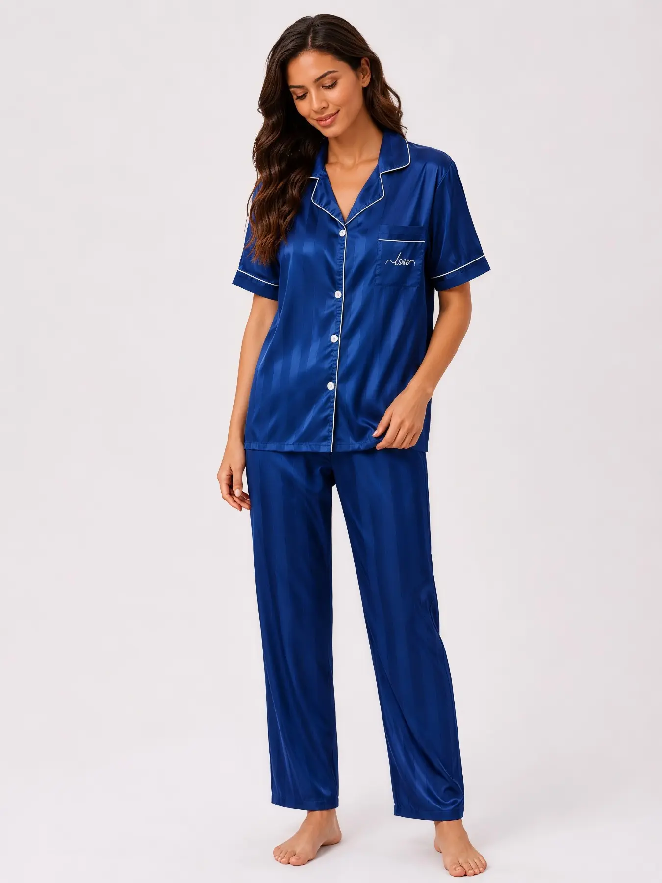 Women's Navy Striped Satin Feel Short Sleeve Long Pants Pajama Set, Collar Button Loose Elastic Home Wear Two-Piece Set