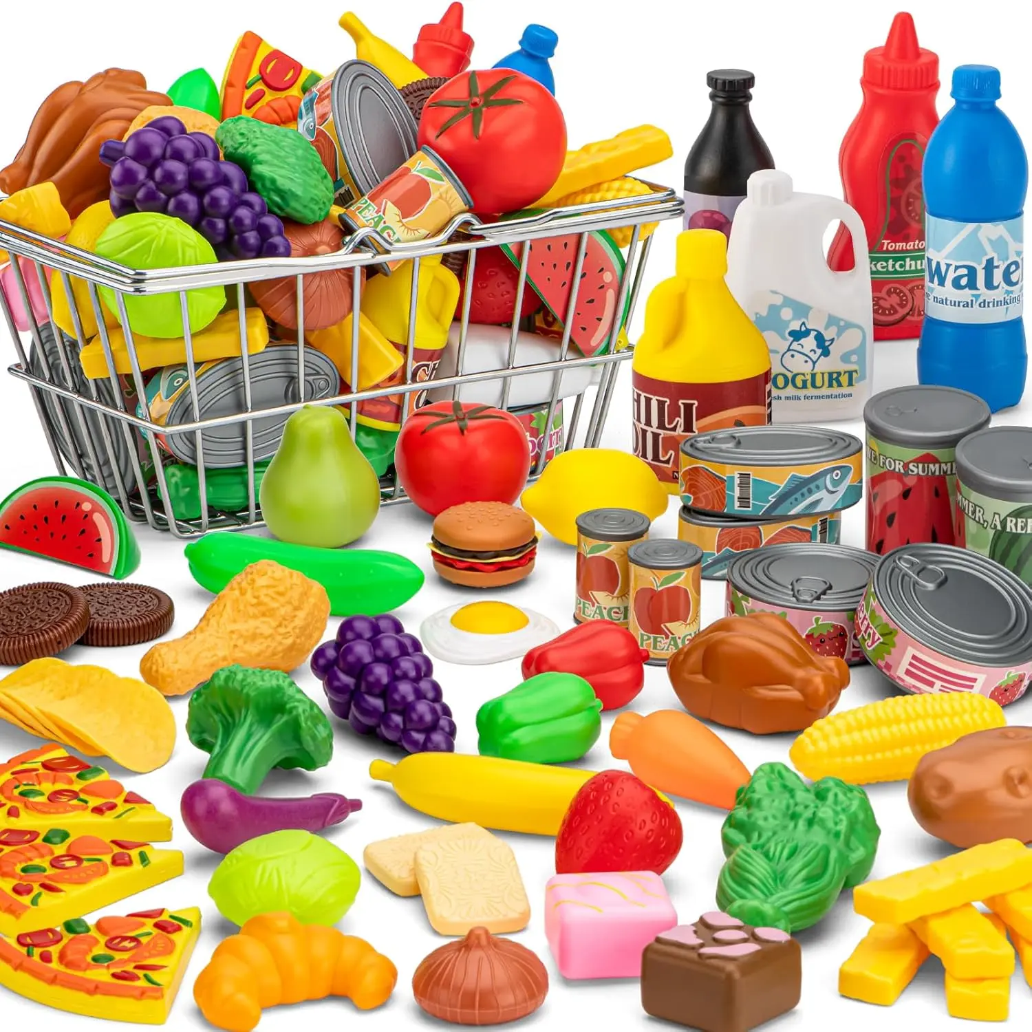 55 Pcs Grocery Store Pretend Play Food Set with Shopping Basket for Kids Toddlers 1-3 4-8, Kids Play Kitchen Accessories Plastic Fake Food Fruits and Vegetables Can Toy Gifts for Boys Girlsfidget toys
