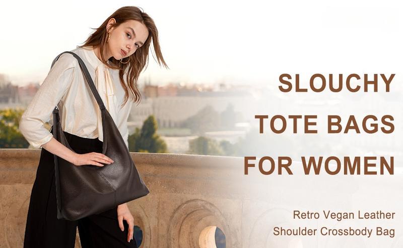 Slouchy Tote Bags for Women Retro Vegan Leather Shoulder Crossbody Bag Faux Leather Handbag Purse Satchel Soft Leather Bag