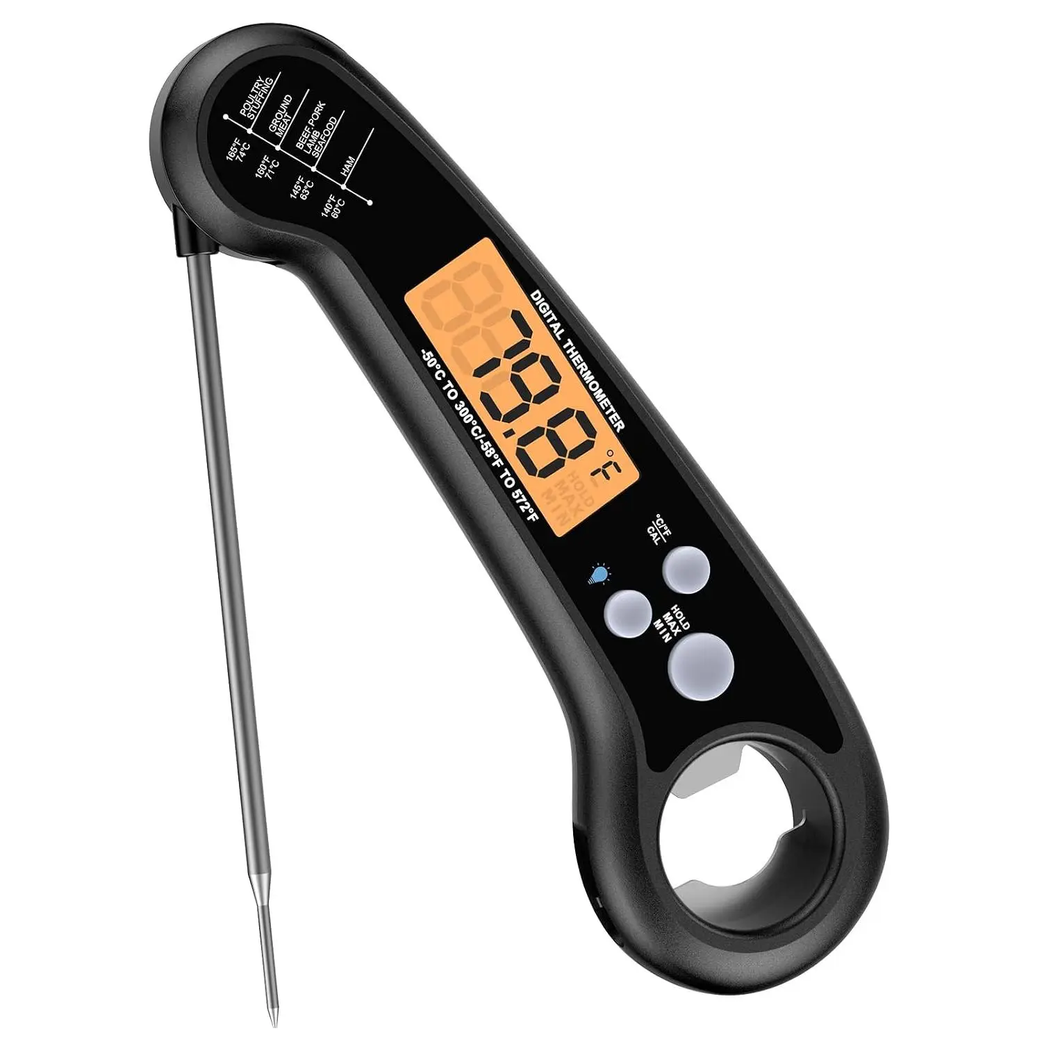Read Meat Thermometer for Grill and Cooking,  and Accurate Digital  Thermometer with Backlit bi-fold Probe for Kitchen ovens, Frying, Candy, Steak (Black)