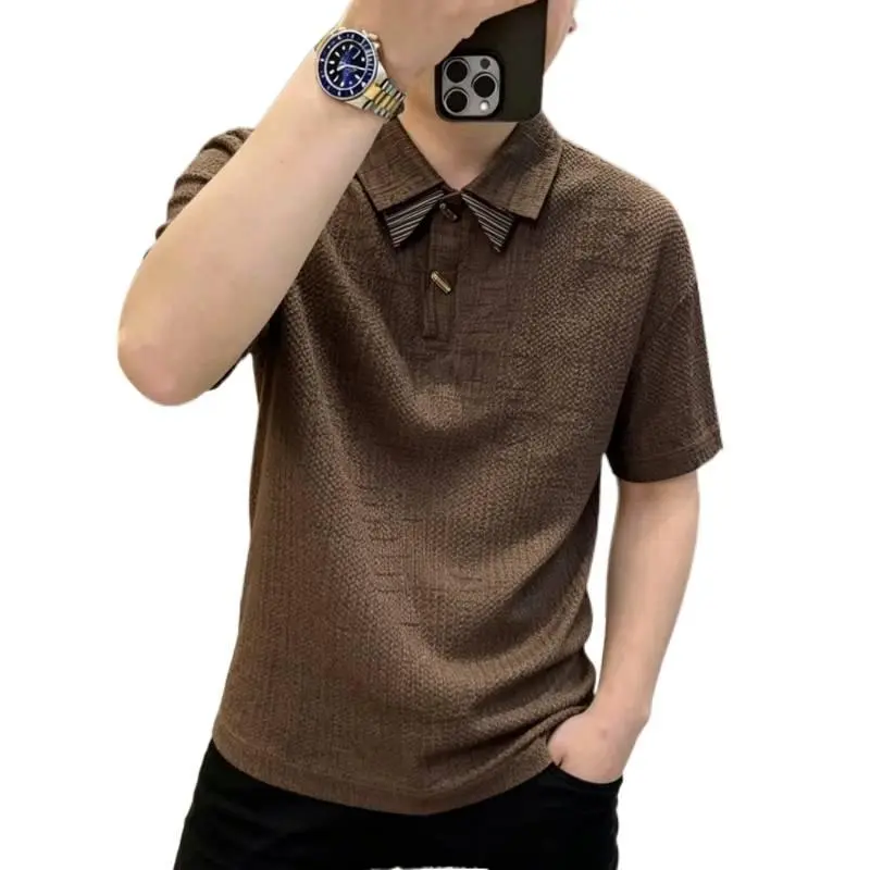 Summer Double-Collar Bubble Gauze Luxury High-End Short-Sleeve Polo Shirt for Men Slim Fit Old Money Style T-Shirt for Young and Middle-Aged Men