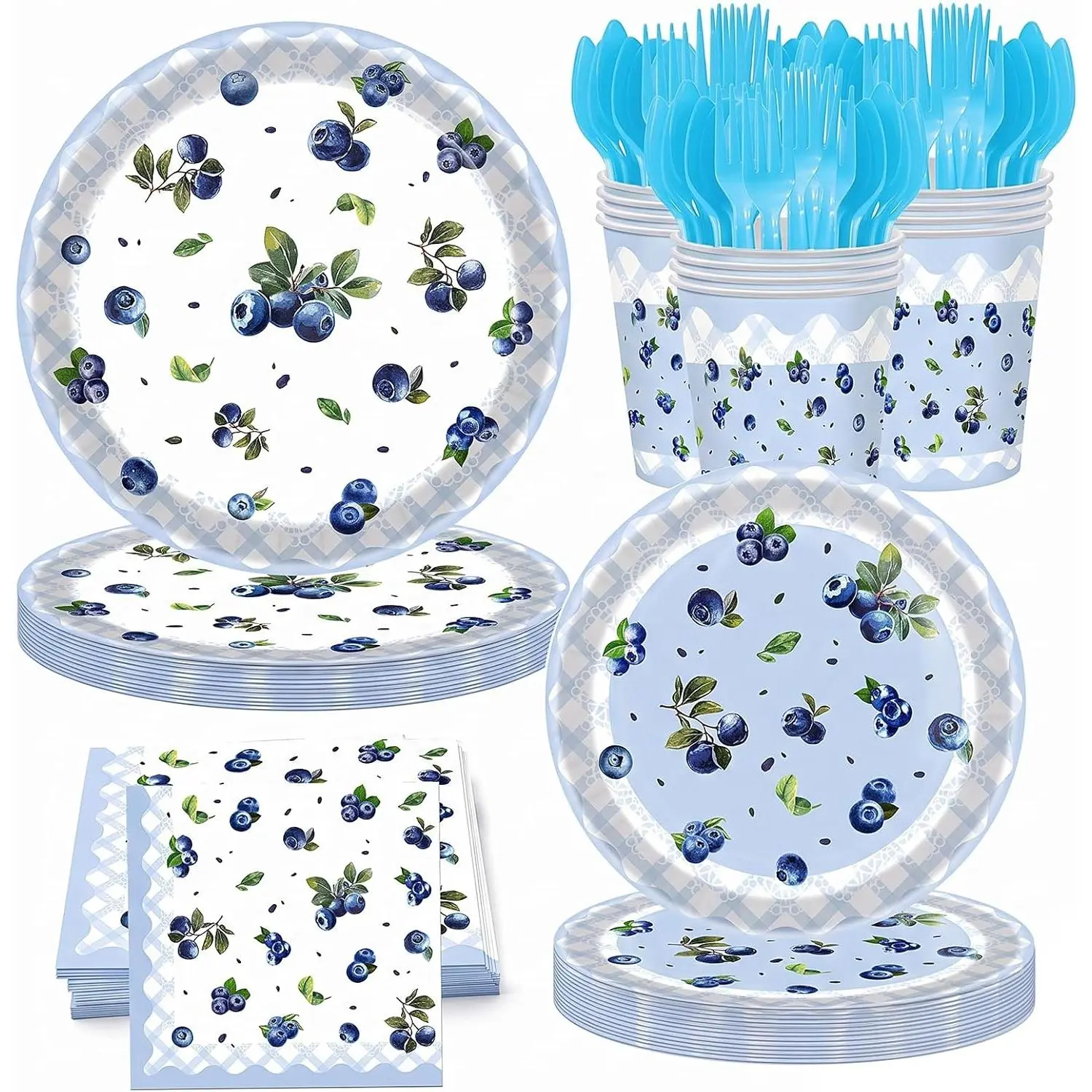 144 PCS Blueberry Baby Shower Decorations Tableware Set Serves 24| Berry Sweet Blueberry Party Supplies with Plates, Cups, Napkins, Forks and Spoons, Fruit Theme Disposable Dinnerware Set