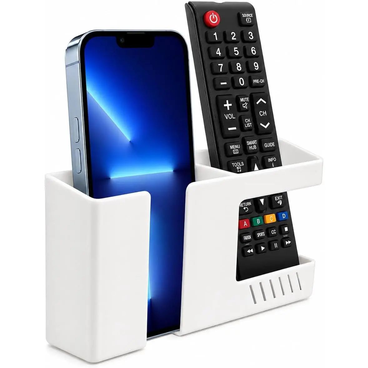 Adhesive Wall Mount Phone Holder D3 Punch-Free Bedside Phone Shelf with  Port, Sticky Remote Control Storage Box, Bathroom & Kitchen Wall Organizer (White)