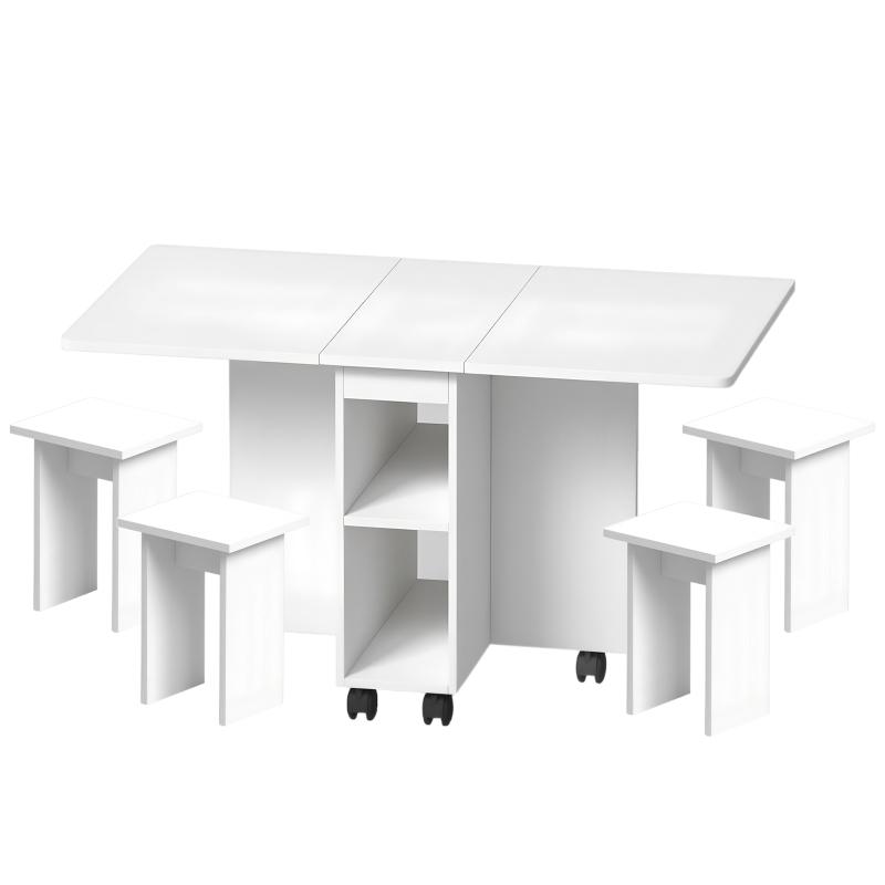 Folding Drop Leaf Dining Table Set for 4 with 4 Chairs, Space Saving Foldable Dining Table with Storage and 6 Wheels, 47.2 inch D x 23.6 inch W x 30.3 inch H, White Folding Drop Leaf Dining Table Set for 4 with 4 Chairs, Space Saving Foldable Dining Table with Storage and 6 Wheels, 47.2 inch D x 23.6 inch W x 30.3 inch H, White