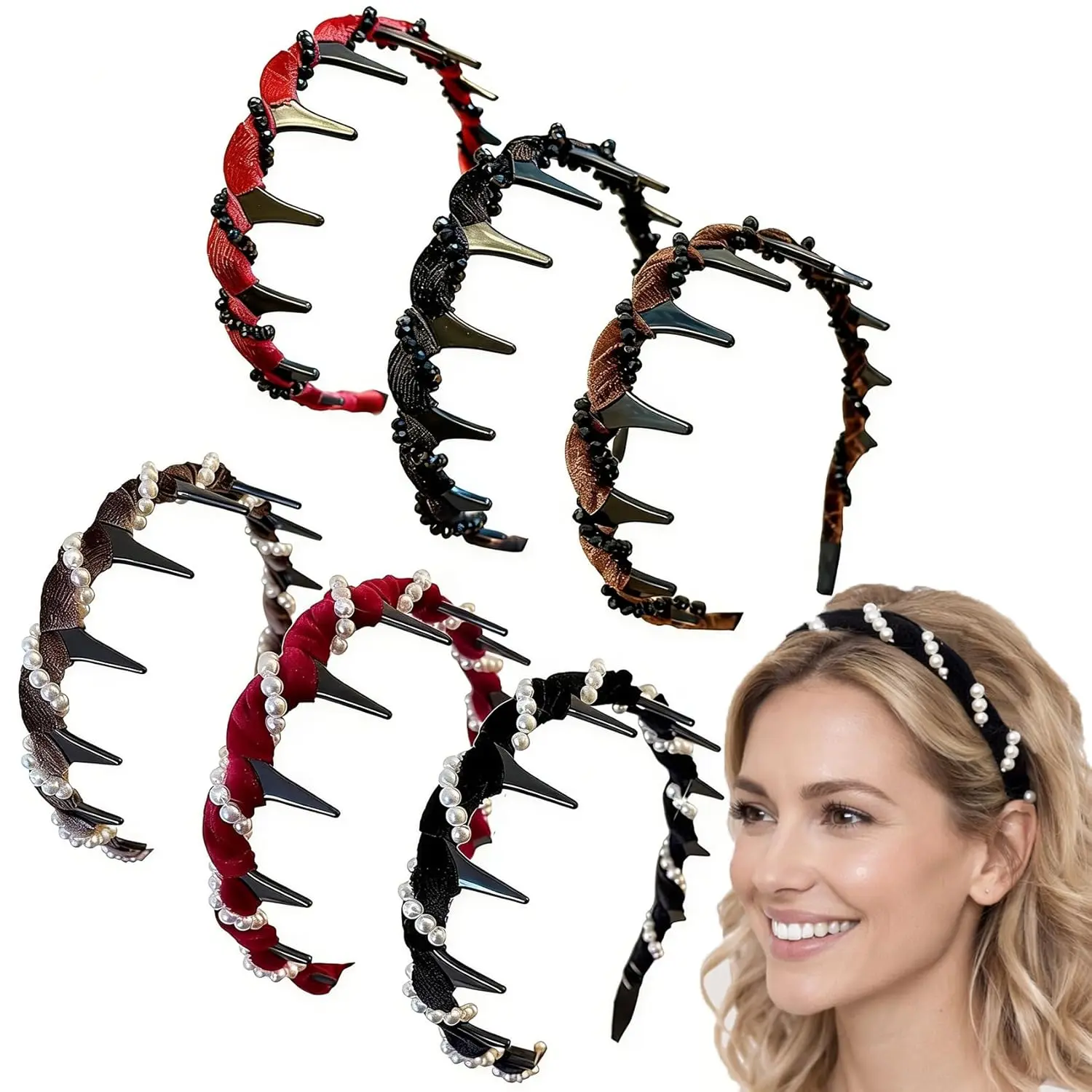 Women's 6-Pcs Teeth Comb Headbands, Non-Slip Wavy High Skull Hair Bands for Slicked Back & Volume Styling, Pearl Beaded Female Accessories for Parties & Weddings, Non-Slip Wavy Comb, 6 Pc