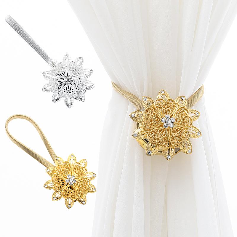 2pcs Crystal Flower Curtain Tiebacks Magnetic Holdback Clips, High Elasticity Spring Wire Fixing Accessories for Home Office Decorations Easy Install Curtain