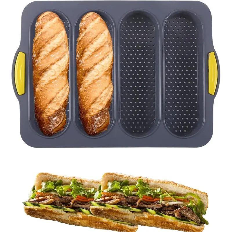 Food Grade Nonstick 4-Cavity Silicone Bread Loaf Pan - Baguette Mold for Hot Dog Buns, Hoagie Rolls, Homemade Baking