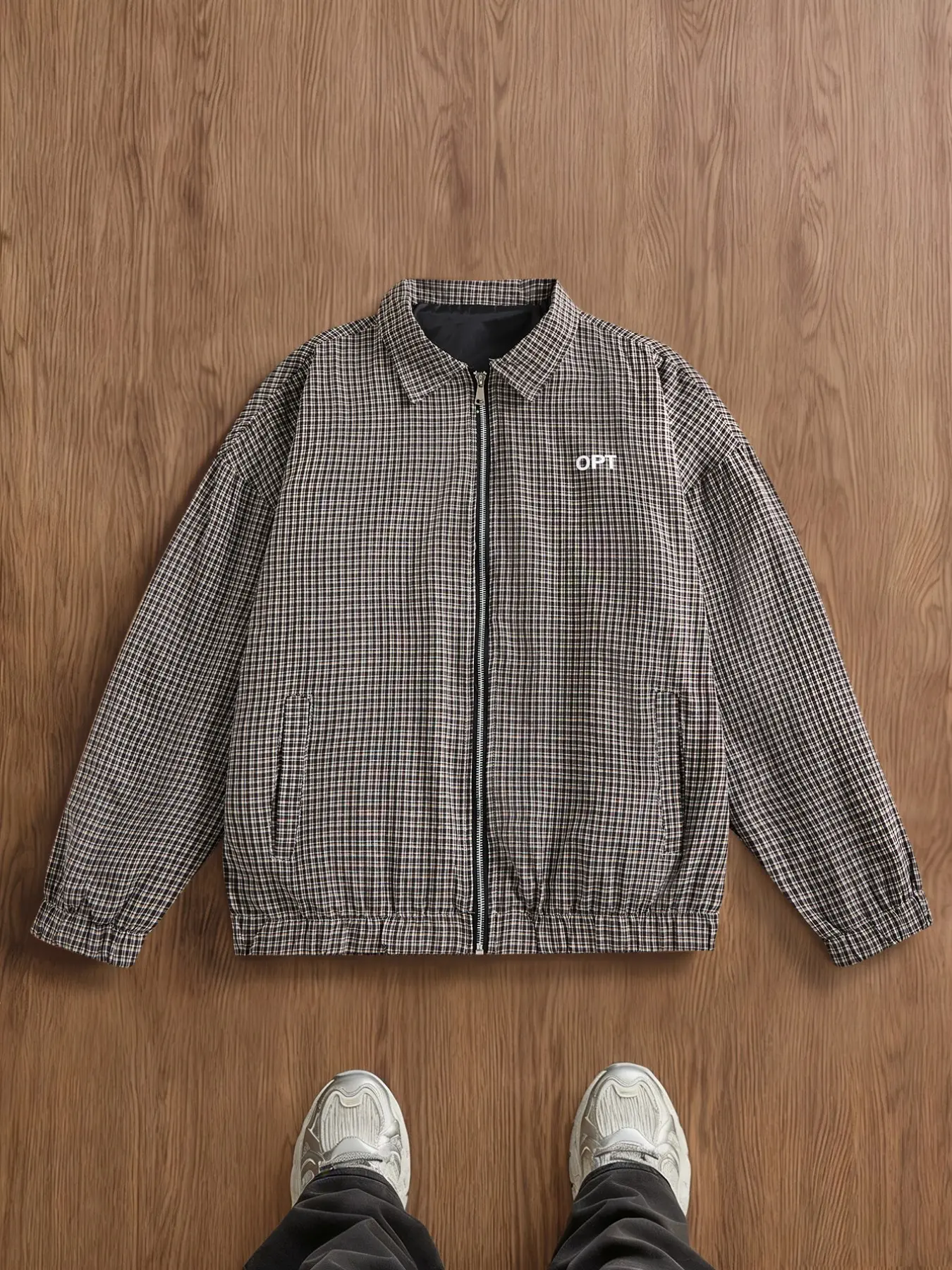 Men's retro fine grid woven fabric lapel Harrington jacket front zipper placket OPT letter casual jacket elastic cuffs hem slanted pocket lightweight windproof daily street outerwear