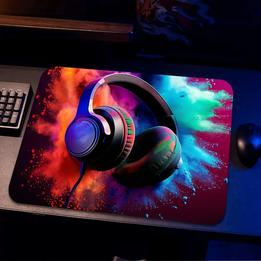 Ink Splash Color Headphone Illustration Mouse Pad, Rubber Non-Slip Gaming Mat, High-Definition Printed Desk Mat