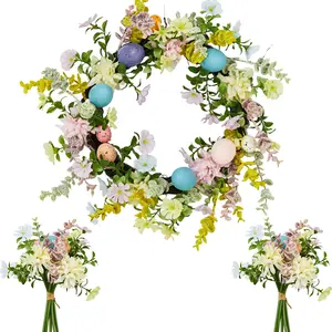 Decorative Easter Egg Wreath for Front Door - Artificial Spring Floral Wreath with Lush Greenery, Real Rattan Base, 2 Matching Bouquets, Spring & Easter Home Decor