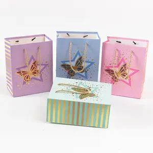 12 Pcs Gold Foil Butterfly Star Gift Bags with Handle, Party Planner Floral Gift Shop, Birthday Valentine's Day Packaging, Dreamy Sparkle Festival Theme