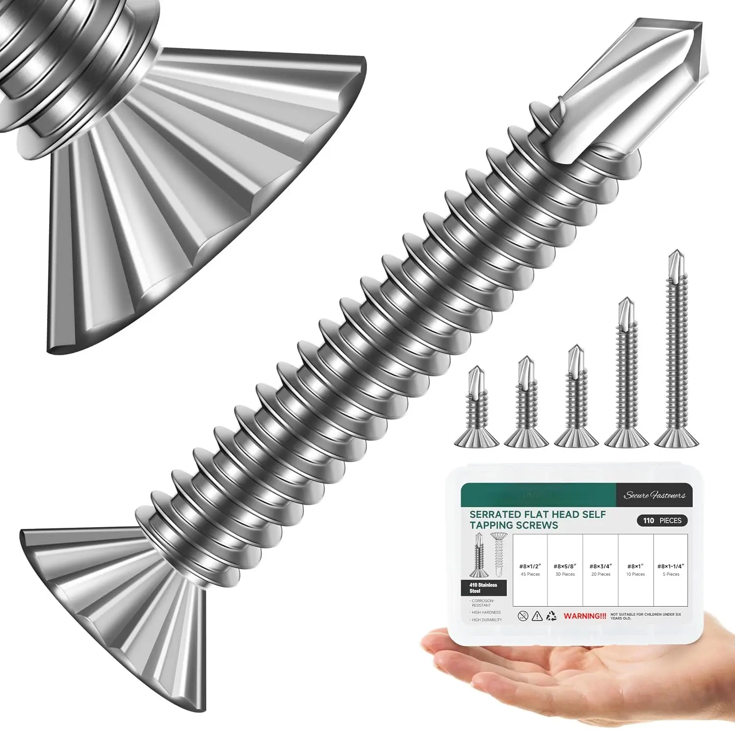 110 count #8 Self Tapping Screws for Metal, 410 Stainless Steel Serrated Flat  Self Drilling Sheet Metal Screws  Kit for  Steel Furniture Windows Ceilings Slidings Railings