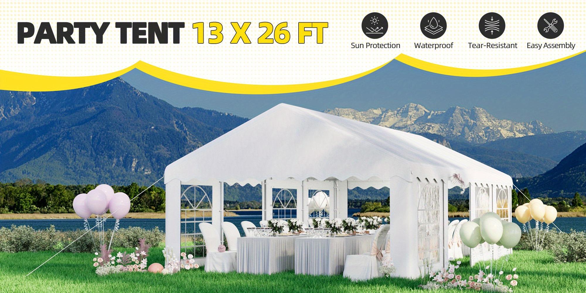 13x26ft Heavy Duty White Outdoor Party Tent, Sturdy Event Gazebo for Events, Weddings & BBQs with Removable Sidewall Windows & Storage Bags