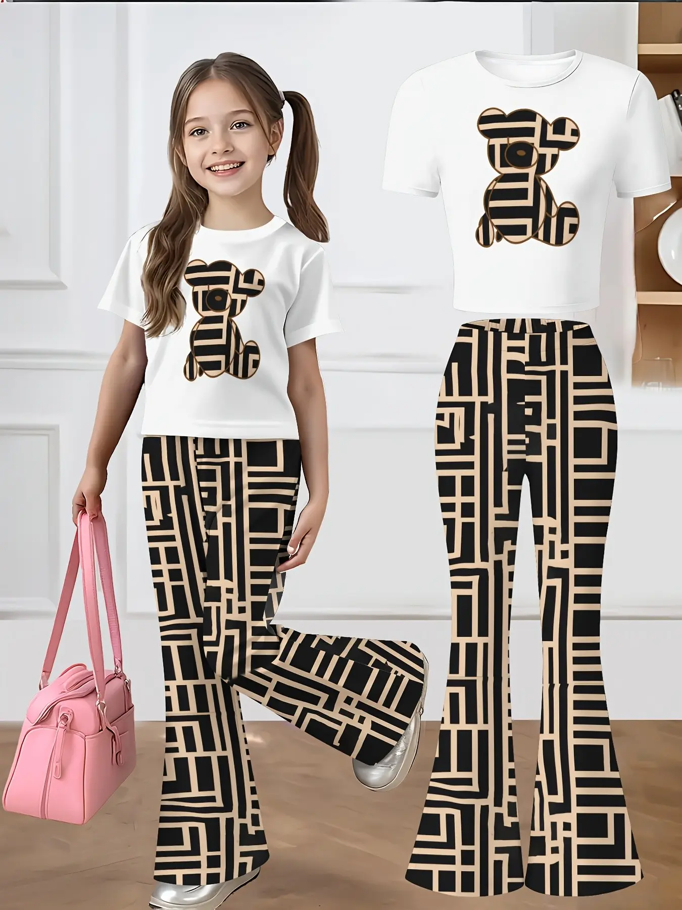 Girls' Geometric Striped Bear Short Sleeve T-Shirt + Bell Bottom Pants Graphic Print Set, Casual Daily Wear, Street Style, Shopping, Travel