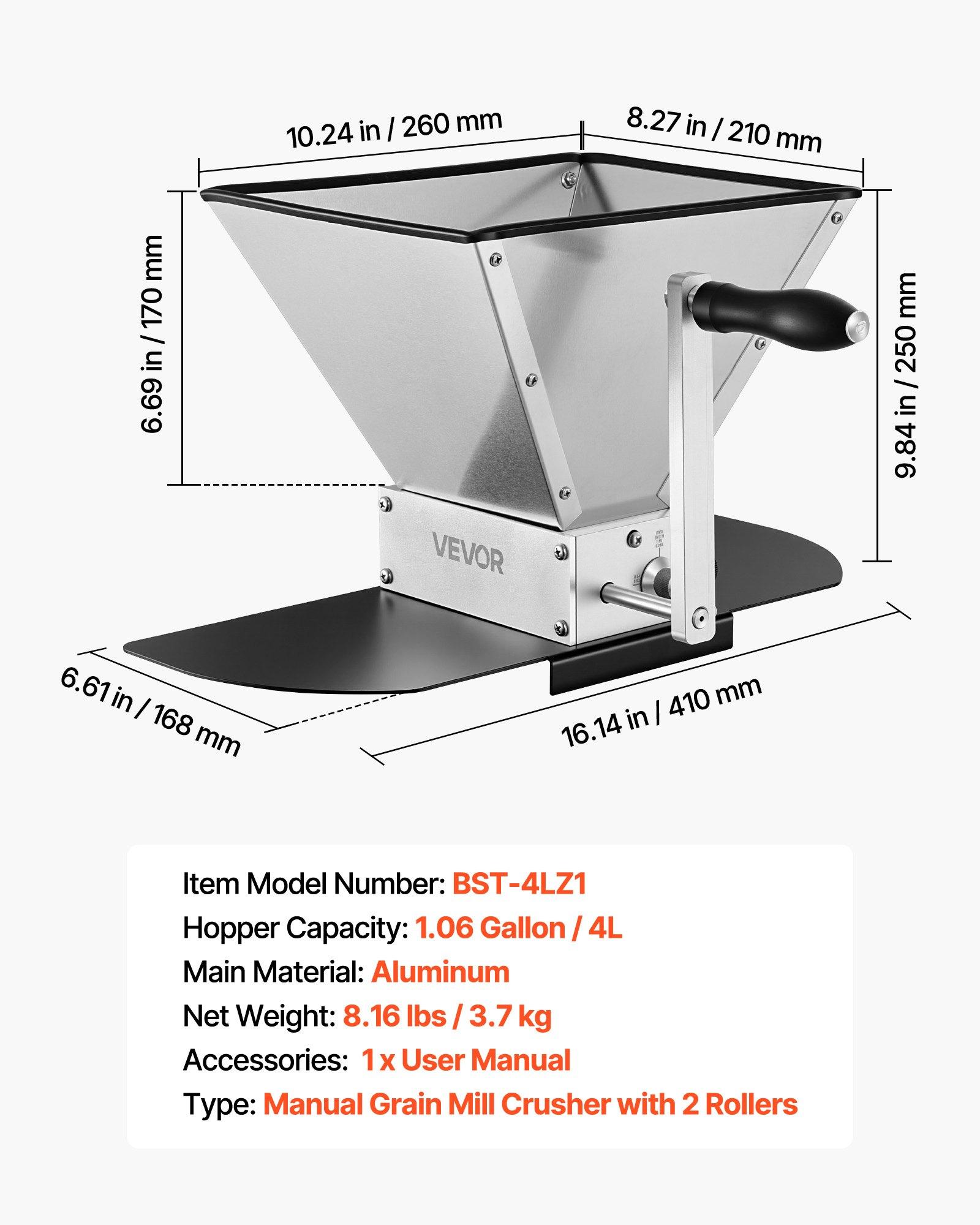 VEVOR Manual Grain Mill, Homebrew Malt Grinder, Adjustable Barley Mill Crusher for Wheat Beer Brewing - with 2 Stainless Steel Rollers, 1.06 Gallon Hopper & Metal Base Plate