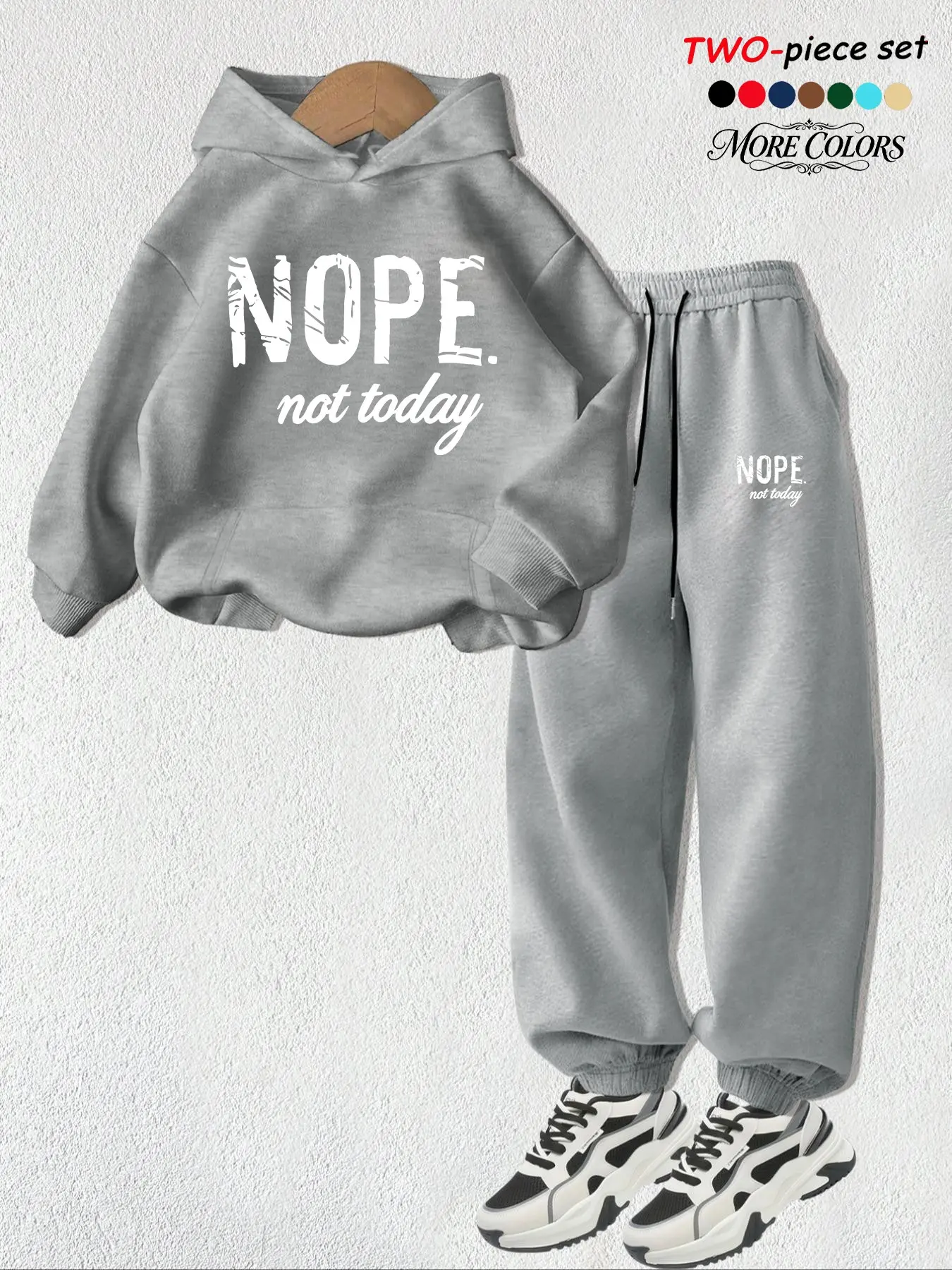 American Style New Arrival Drawstring Hooded Sweatshirt + Cuffed Sweatpants Set, Funny Nope Letter Print, Fall Winter Street Y2K Fashion