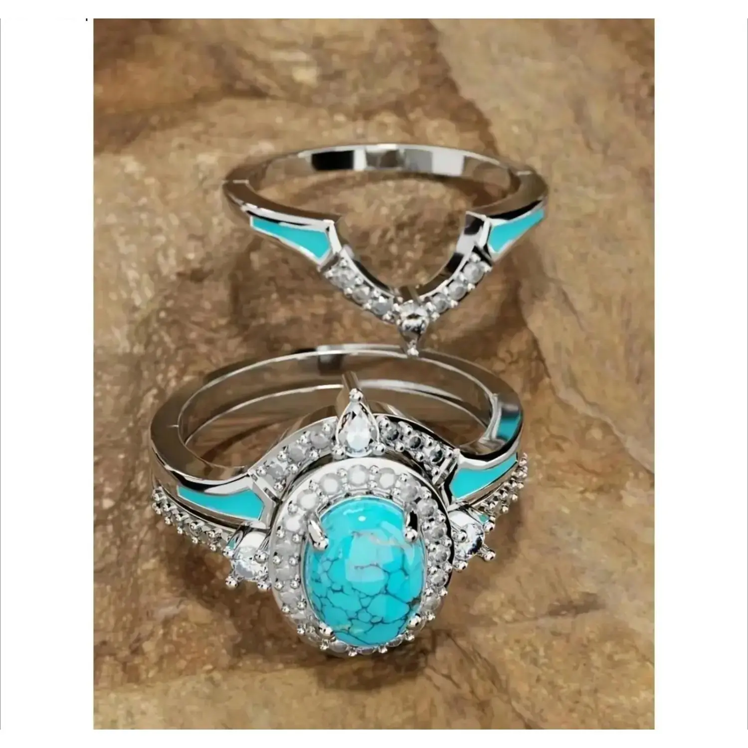 Vintage Turquoise Ring Set 3-Pack for Women, Elegant Cubic Zirconia Stackable Wedding Rings, Retro Boho Engagement Jewelry, Birthday Anniversary Christmas Gift for Wife Girlfriend