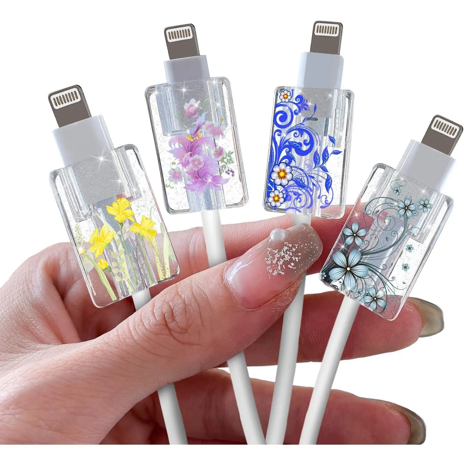 Glitter  Protector for  Type-c Charger,Cute Bling Floral  Filaments  4 count Set  Phone Protector for Women Girls, Cord Protector, Chomper,Cord Saver