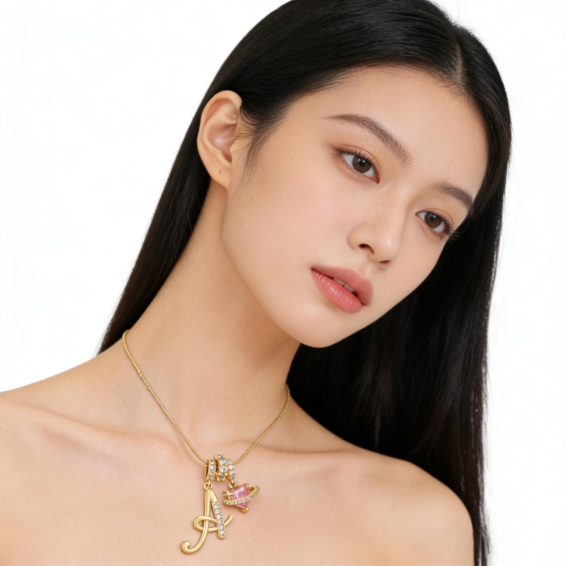 A–Z Initial Necklace for Women, Colorful Cubic Zirconia Letter Pendant, Dopamine Style Gold Tone Chain Necklace, Personalized Cute Jewelry for Daily Wear, Layering Outfit and Gift