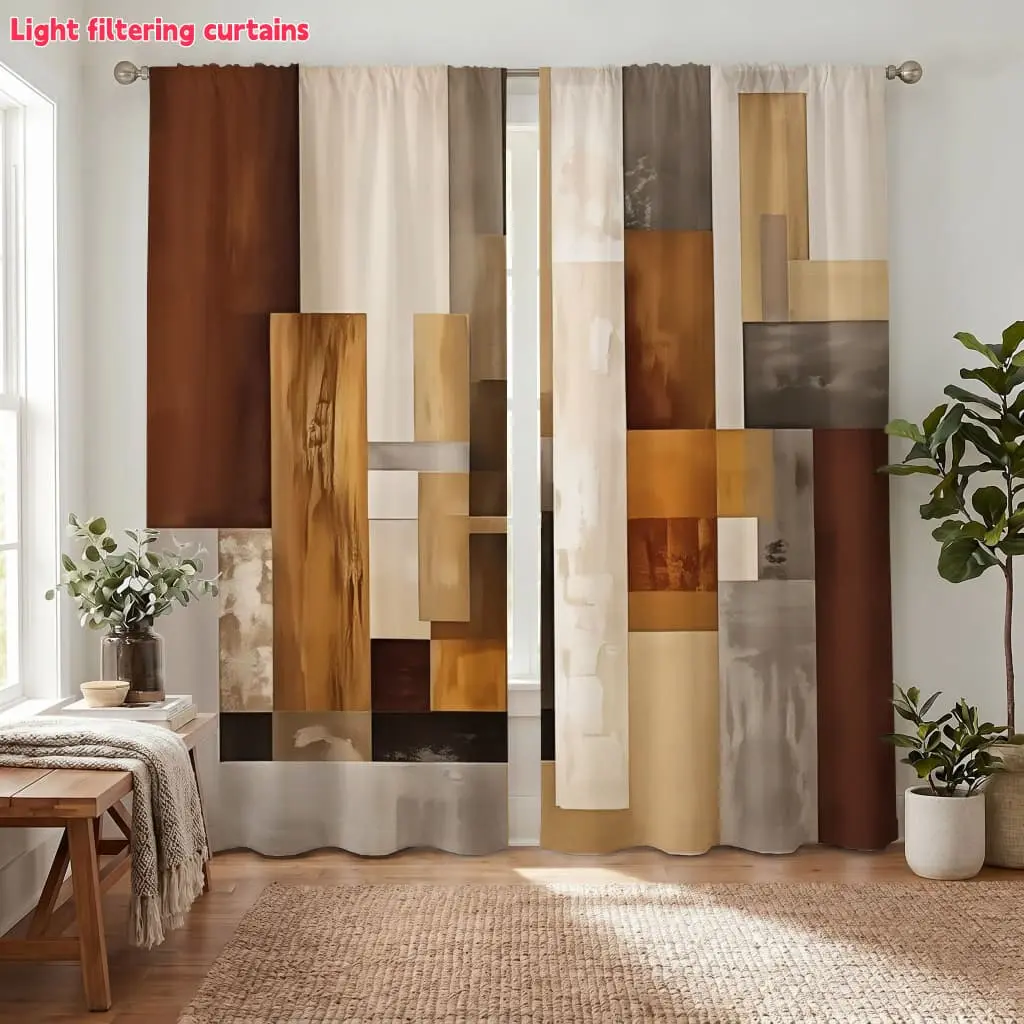 2Pcs Abstract Geometric Blocks Curtains, Modern Art Style, Light Filtering for Living Room, Bedroom, Study, Hotel, Restaurant, Home Decor.