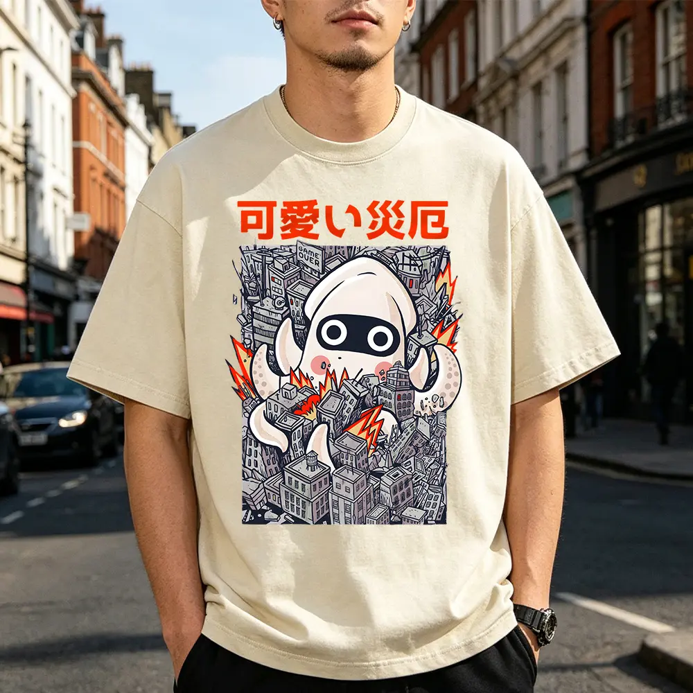 Japanese anime style cute disaster octopus monster pattern washed T-shirt, retro urban ruins cartoon print casual loose round neck short sleeve pure cotton T-shirt.