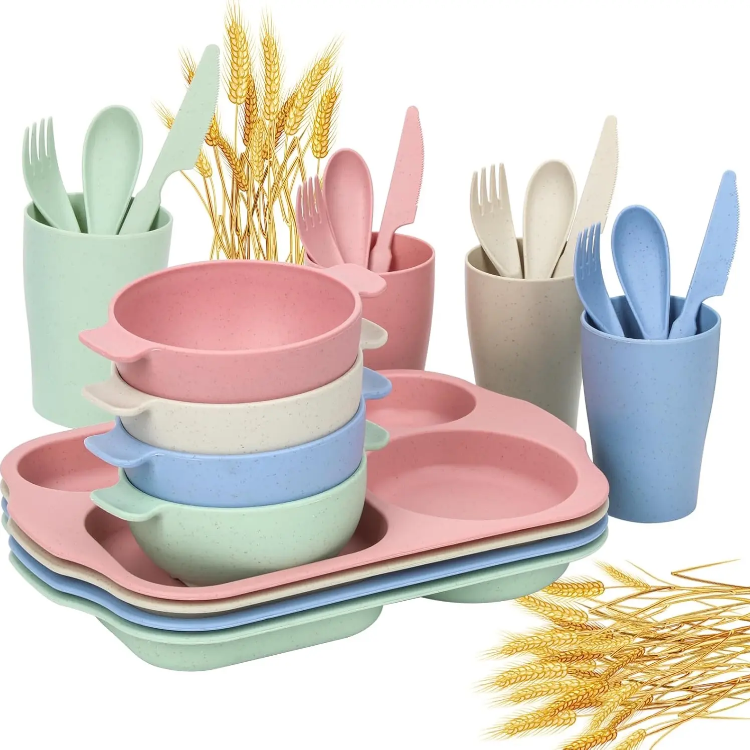 Cute Anti-Drop Dinnerware Set, Eco-Friendly Wheat Straw, 24-Piece Divided Plate Bowl Set, Reusable and Durable, Perfect for Dining