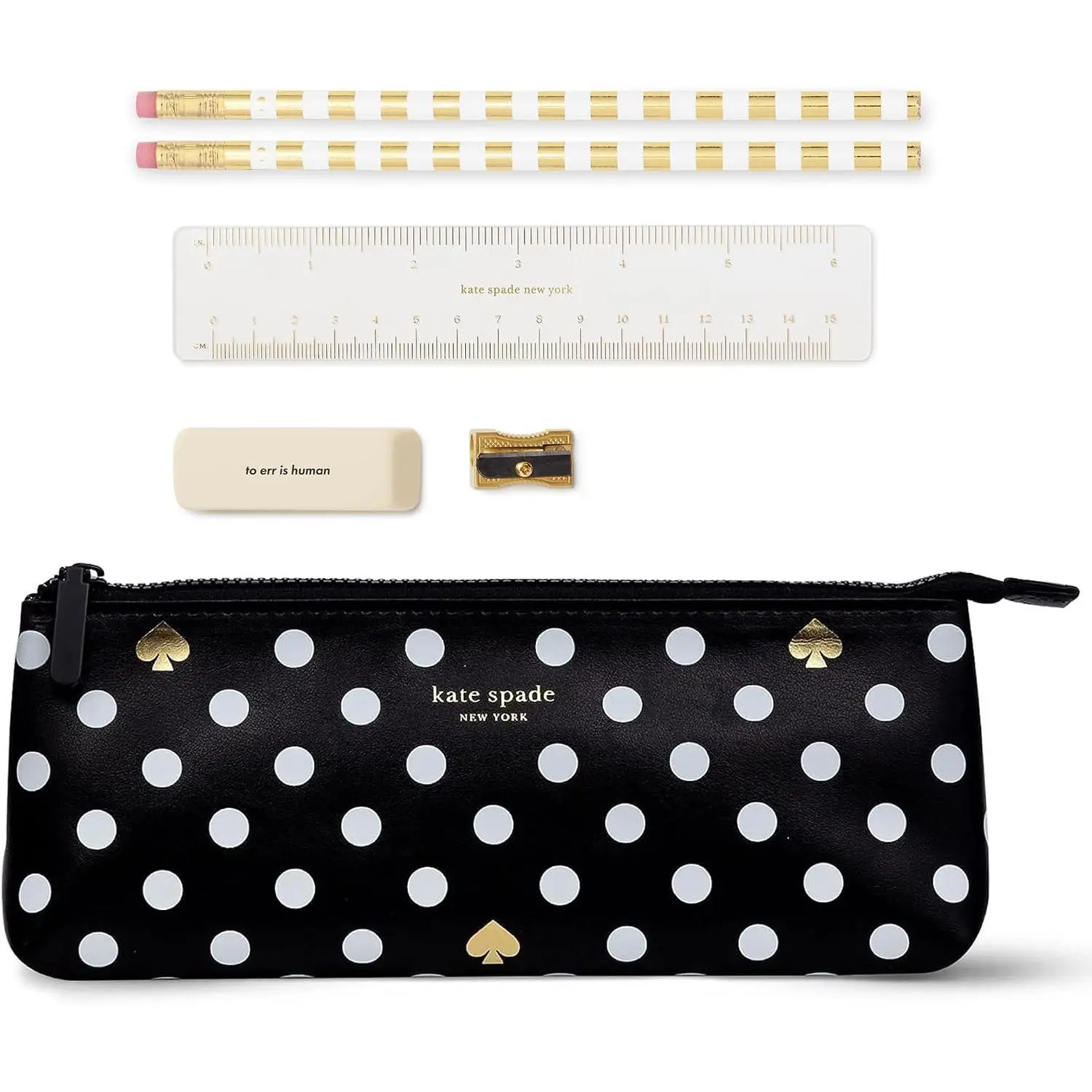 Pen and Pencil Case with Office Supplies, Zip Pouch Includes 2 Pencils, Sharpener, Eraser, and Ruler, Polka Dots (black/white)