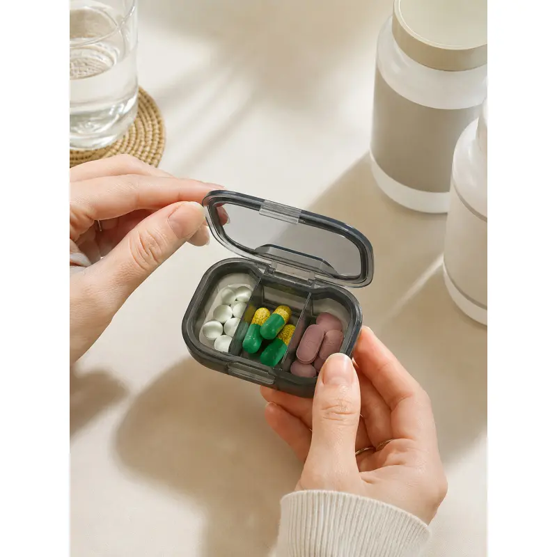 Mini Pill Organizer, Supplement Organizer, Portable Medicine Storage Box Moisture Proof Vitamin Container Compact Travel Pill Case with Secure Lock 3 Grid Tablet Holder for Women Men Daily Use Purse Accessories Holiday Gift for Mom Girlfriend Wife