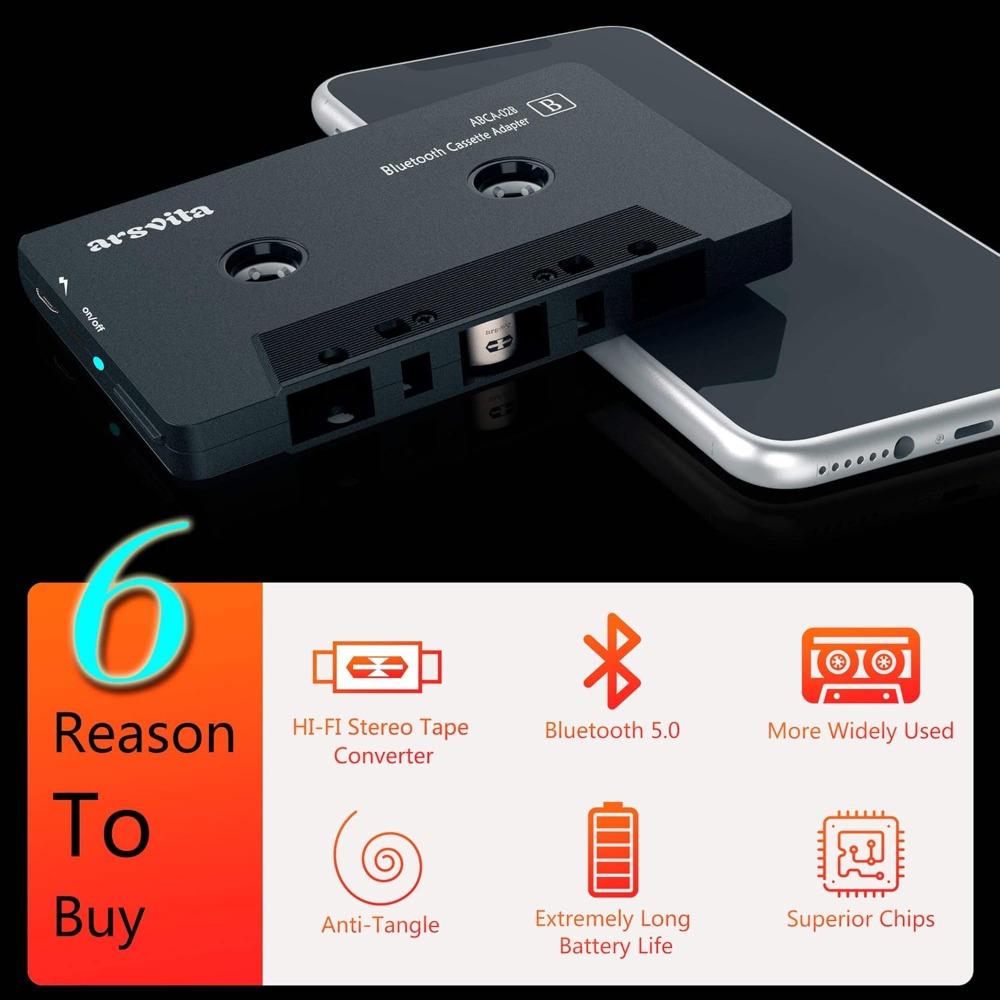 BASIC SUPPLY Car Audio Bluetooth Wireless Cassette Receiver, Tape Player Bluetooth 5.0 Cassette Aux Adapter, Black