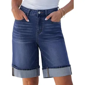 Jean Bermuda Shorts for Women High Waisted Knee Length Cuffed Long Stretchy Denim Shorts Loose Summer Jorts(Gift)