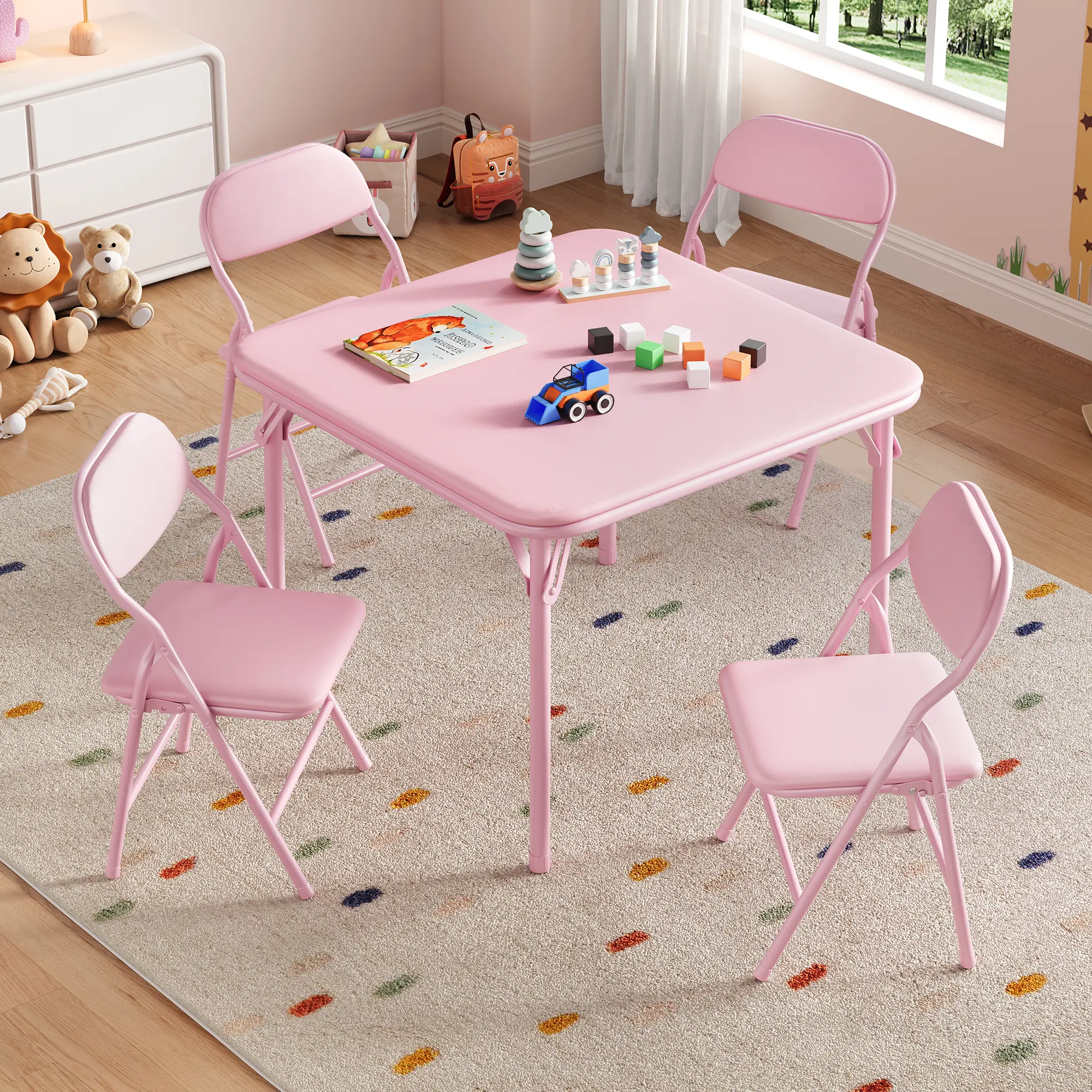 5 Piece Kids Folding Table and Chair Set 1 Square Activity Table with 4 Padded Folding Chairs Soft PU Leather Waterproof Toddler Play Table Set for Arts Crafts Eating Learning, Pink