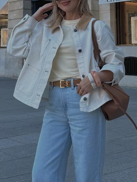 Women's Cotton Jacket, Striped Fabric, Button Front, Casual Long Sleeve, Workwear Style, Multi-Pocket Design, Spring & Fall Fashion