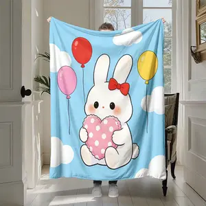 Cartoon Rabbit Balloon Fleece Blanket, Cute Kids Cover Blanket, Cloud Heart Nap Blanket, Sofa Small Blanket, Girls Gift Shawl Blanket