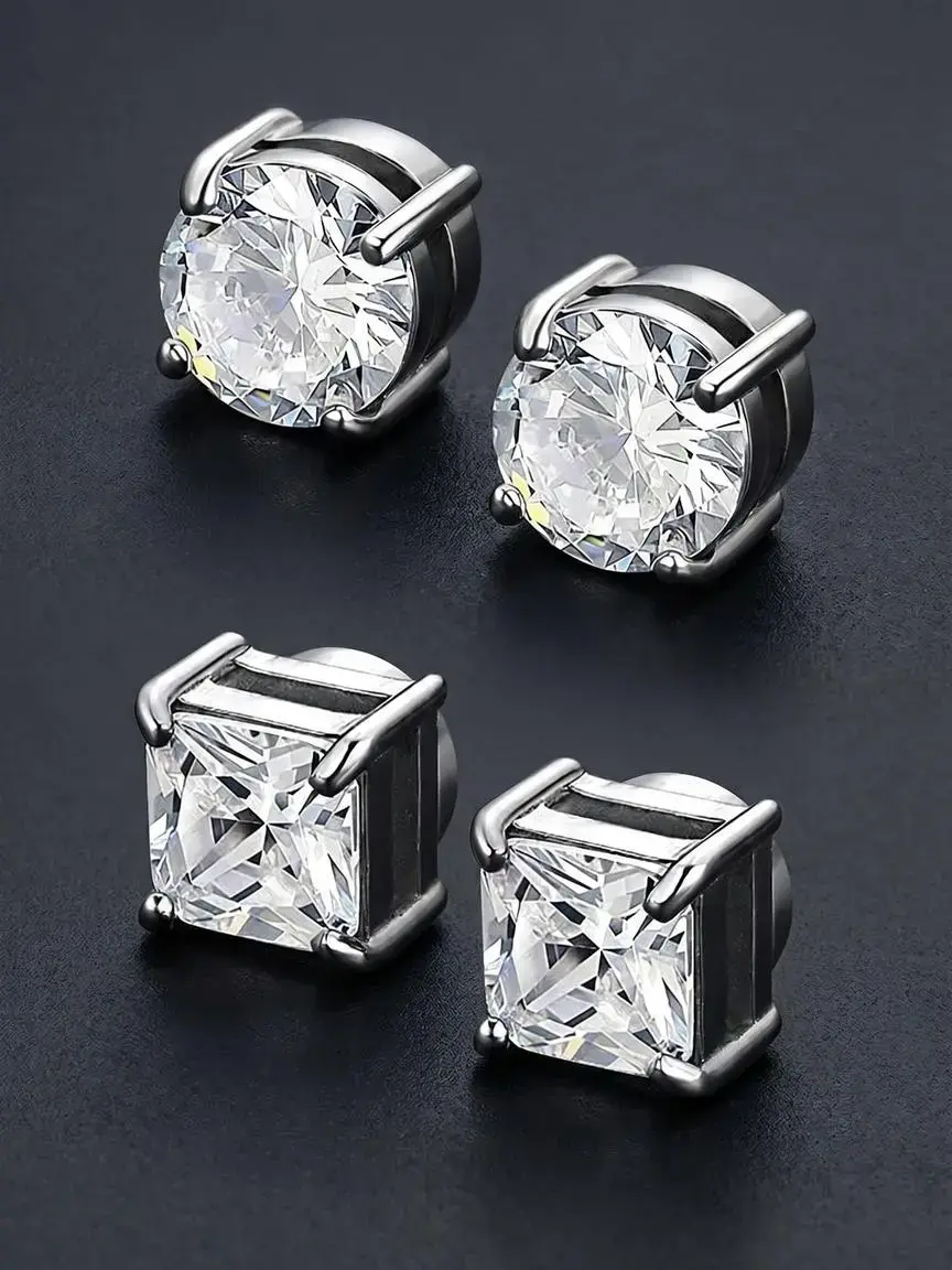 Magnetic Studs Earrings for Men & Women, 2 Pairs (Round & Square CZ) No Piercing Fake Earrings. Sparkling crystal design, strong magnetic closure, perfect for daily wear, parties and concerts.Great for edgy street style, punk or goth looks. Ear Jewelry