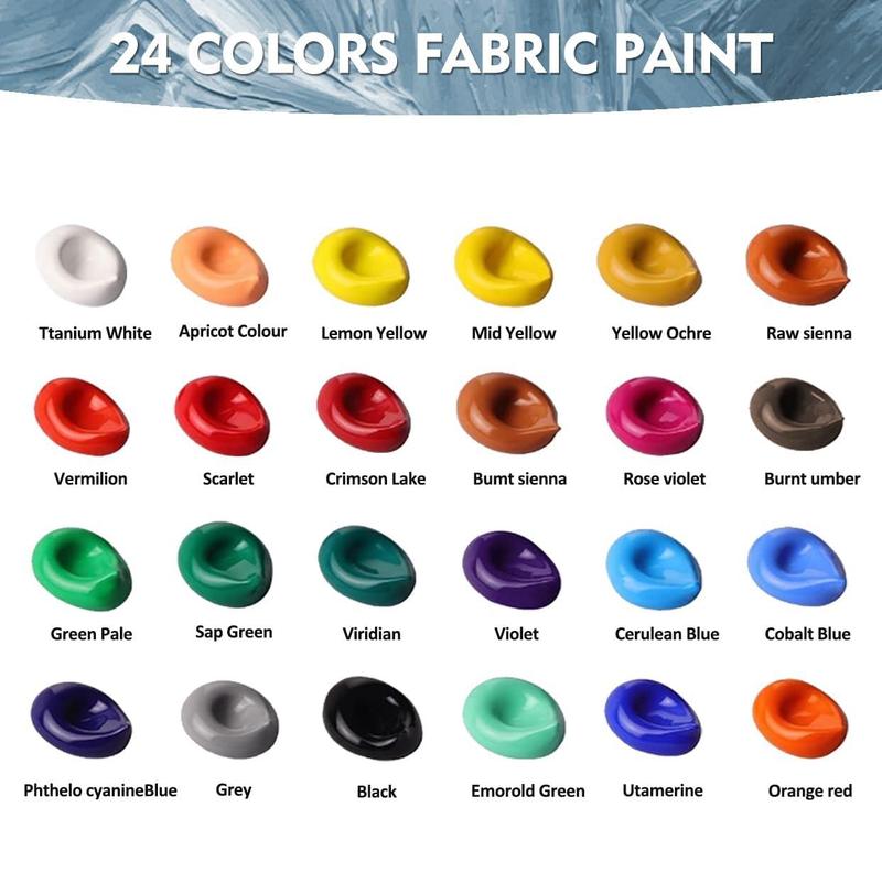 Colorful Fabric Paint Set, 12/24 Colors Fabric Paint with Brushes, Non-toxic Slick Painting Set for Adults, Beginner & Artists, Diy Painting Supplies