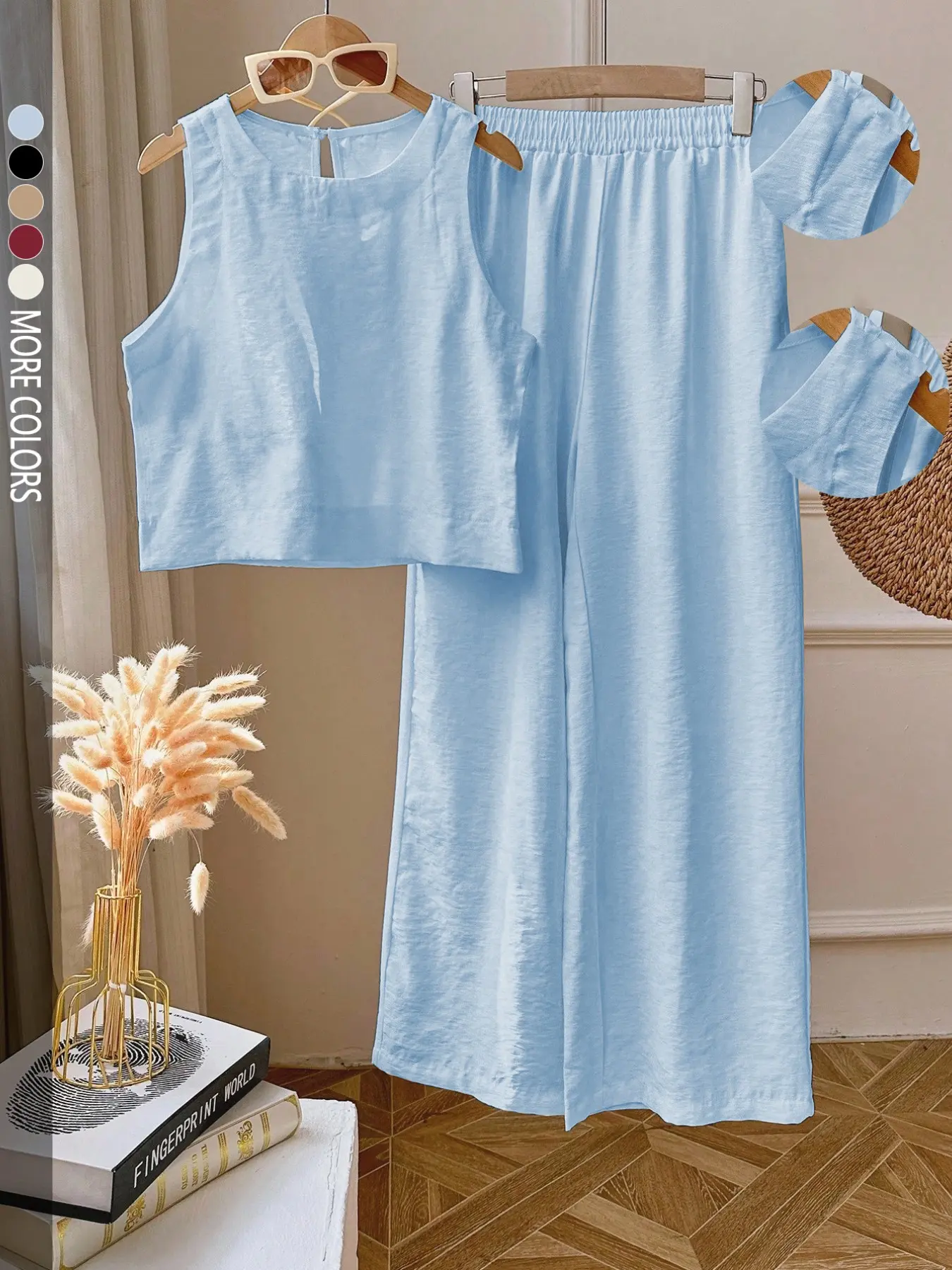 Women's simple and slimming solid color sleeveless vest and trousers set, suitable for daily commutes and dates, or a rustic romantic brunch set, Casual Set
