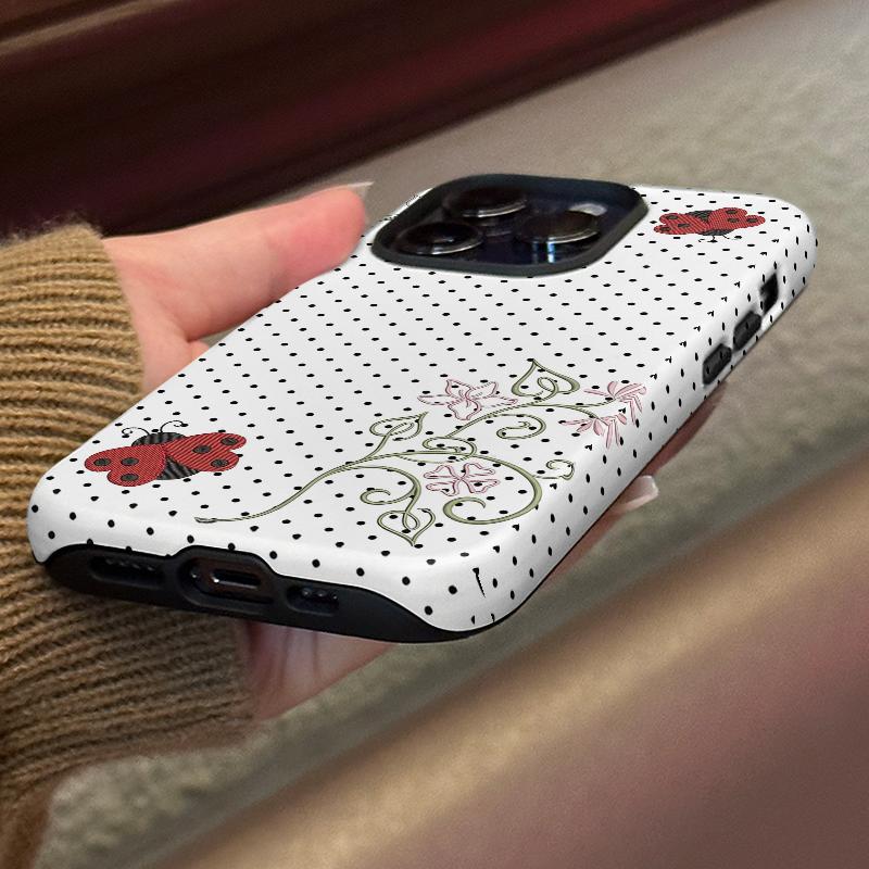 Polka Dot Ladybug Pattern Phone Case , Shockproof Rugged Cover Dual Layer Soft TPU Hard Bumper Shell for iPhone 7 8 X XR 11 12 13 14 15 16 17 Pro Max Plus Air, Cute Y2K Art Style, Kawaii Floral