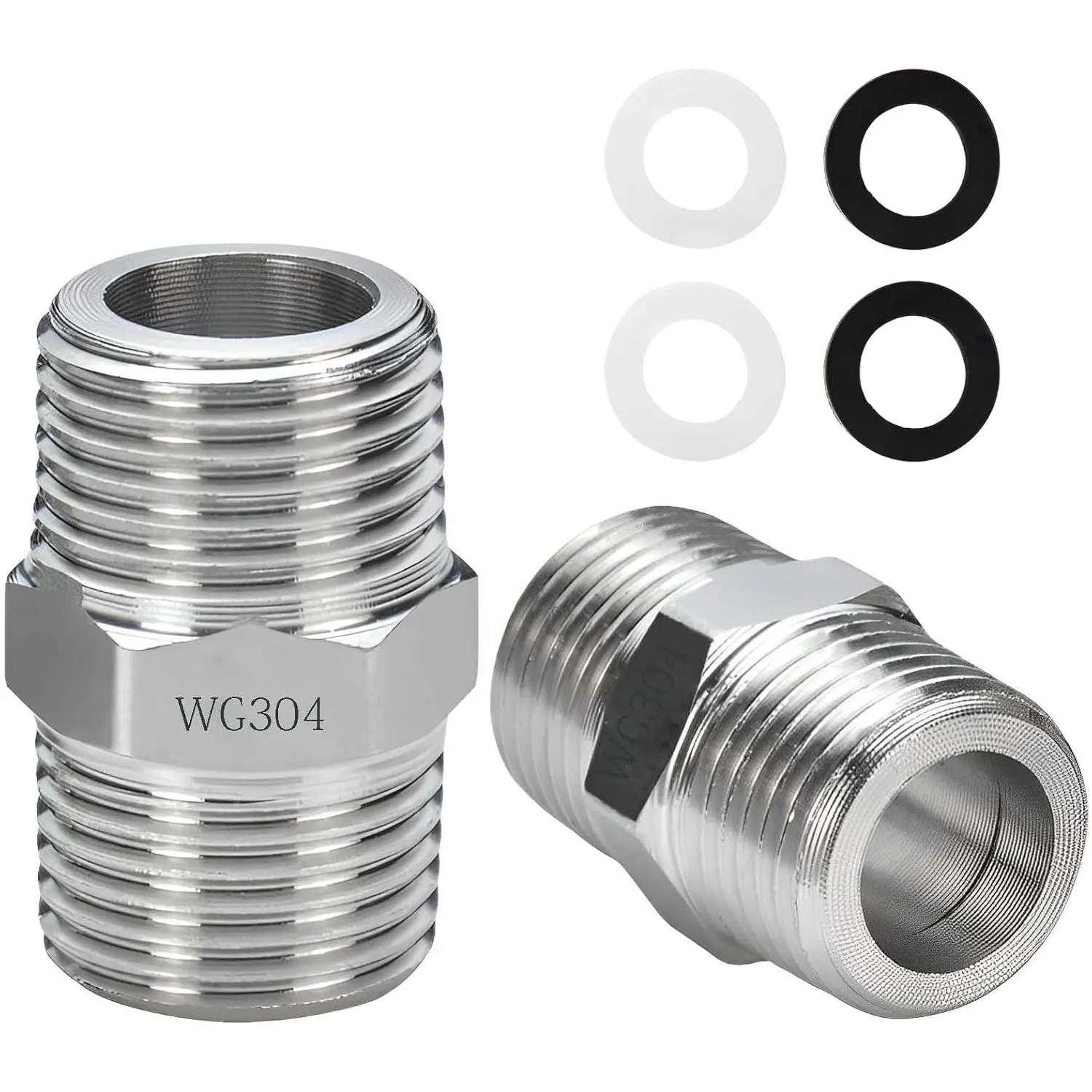 2 Pack Shower Hose Extension 1/2" to 1/2" Chrome Hex Nipple Water Line Adapter  to Connect Two Hoses Includes Rubber Washer