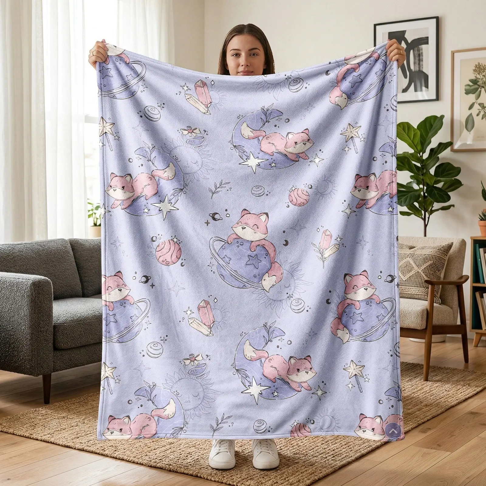 1pc Space Fox Watercolor All Over Print Fleece Blanket, Lavender Starry Background, Cute Fox Holding Planet, Moon Star Crystal Decor Print. Soft Warm Multi-use Throw for Sofa, Bed, Office, Camping, Ideal Birthday & Christmas Gift.