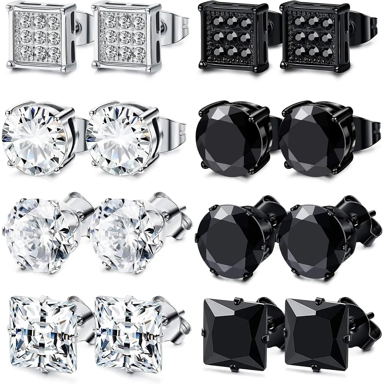 Unisex Hypoallergenic Stainless Steel Stud Earrings Set - 8 Pairs, Silver & Black Cubic Zirconia Square Earrings for Men & Women, Unisex Wear