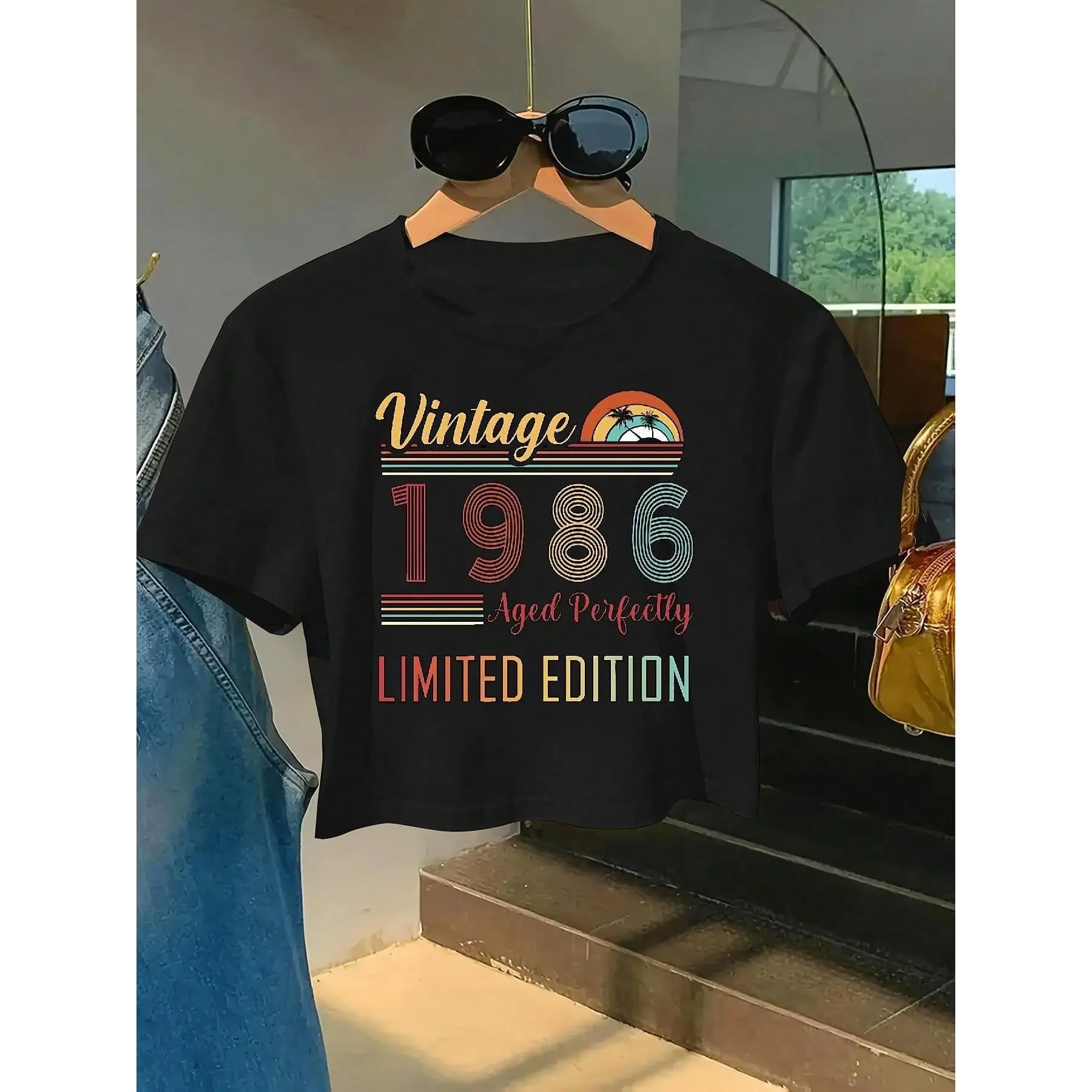 Women'S Y2K Crop Top T-Shirt - "Vintage 1986" Graphic Print, Micro Stretch, Short Sleeve, High Waist Design, White With Colorful Stripes & Rainbow, Perfect For Daily Commuting & Gifting, Ladies T Shirts, Women's Crop T-Shirt