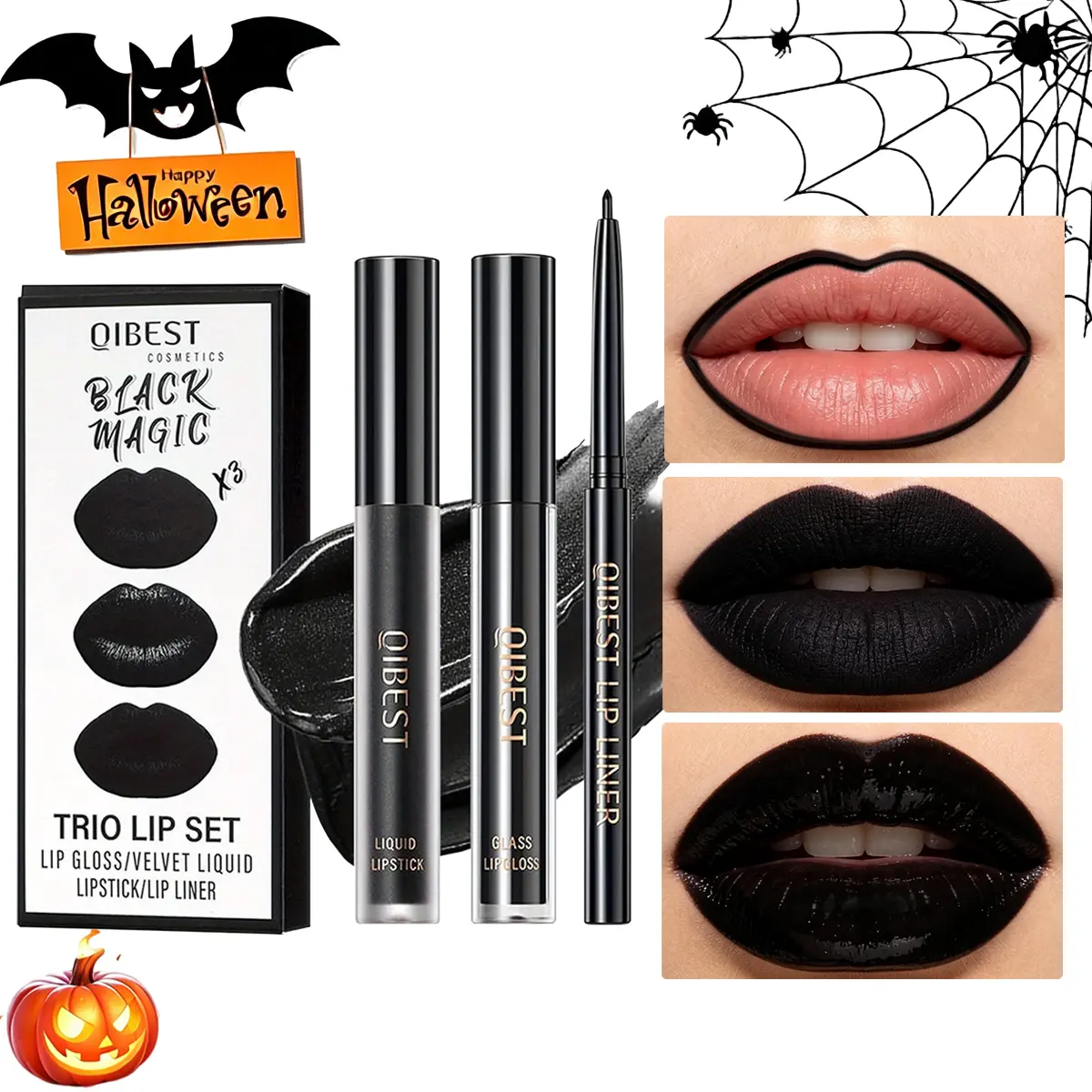 Gothic black lip gloss, long-lasting and waterproof, silky smooth application, Halloween matte lip gloss