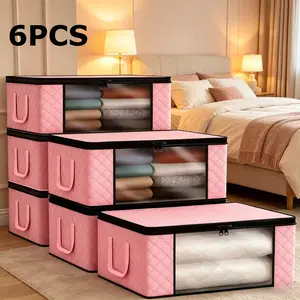 6Pcs Extra Large Foldable Storage Boxes, Folding Storage Containers, Dustproof Visible Window Quilt Storage Bags, Durable Clothes Organizer Bags with Zipper Lid & Reinforced Handles, Ideal for Bedding Blankets Pillows and Garments